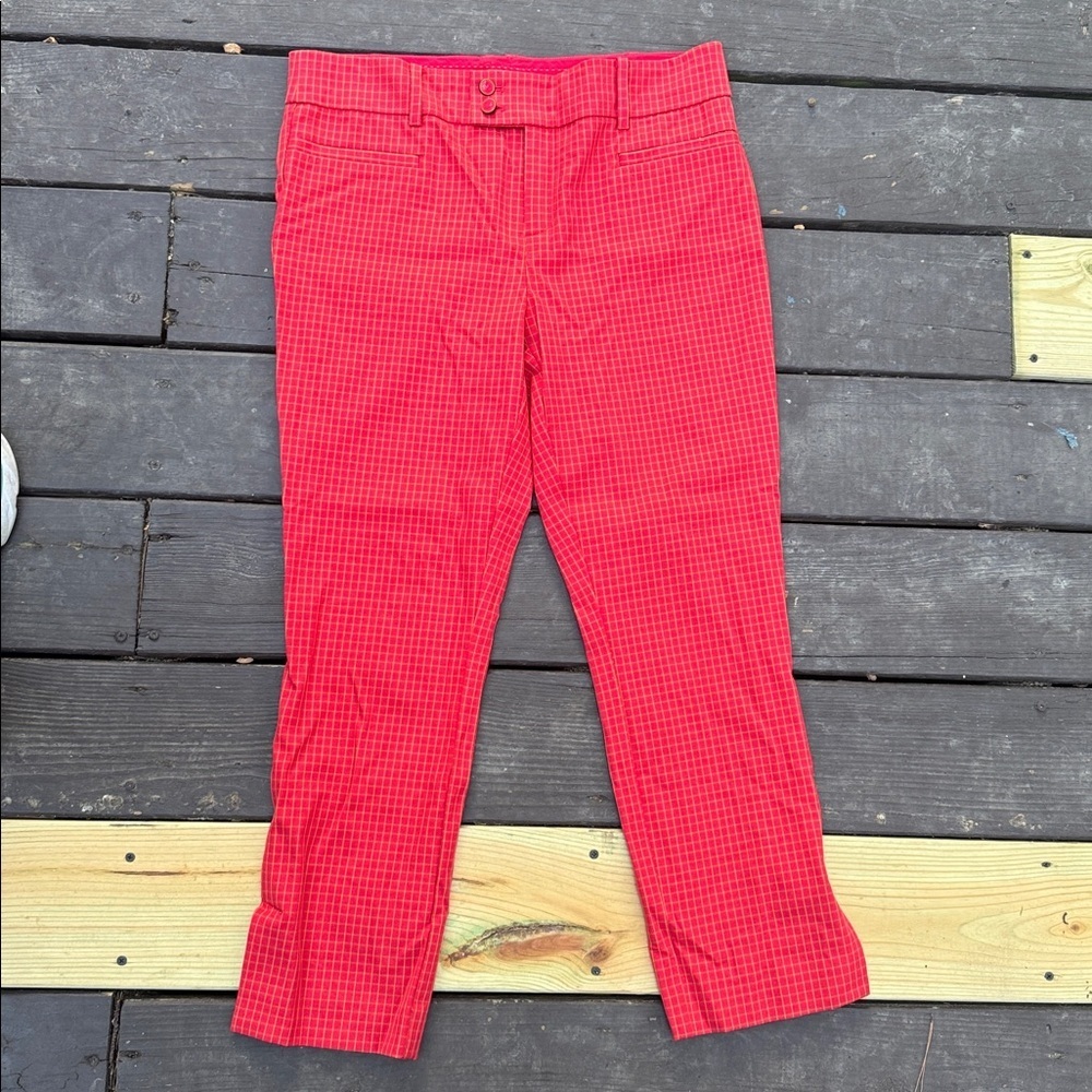 Anthropologie the essential slim red tan check crop pants size 10